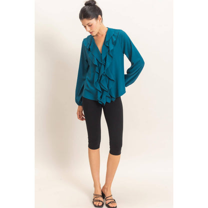 Ruffled V-Neck Button-Up Blouse: TEAL / S-M-L(2-2-2)