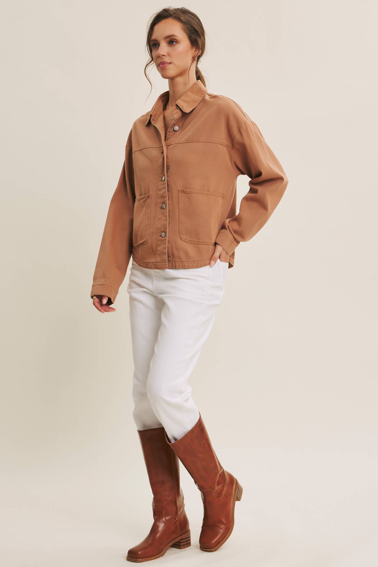 One of a Kind Washed Cotton Twill Utility Jacket: Camel
