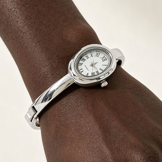 Elowen Oval Roman Numeral Bangle Watch: Silver