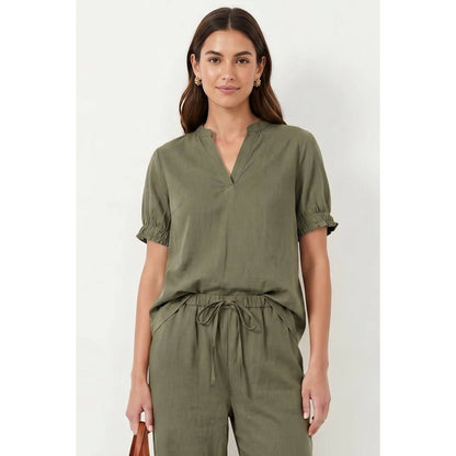Short Sleeve Band Detail Blouse: Light olive