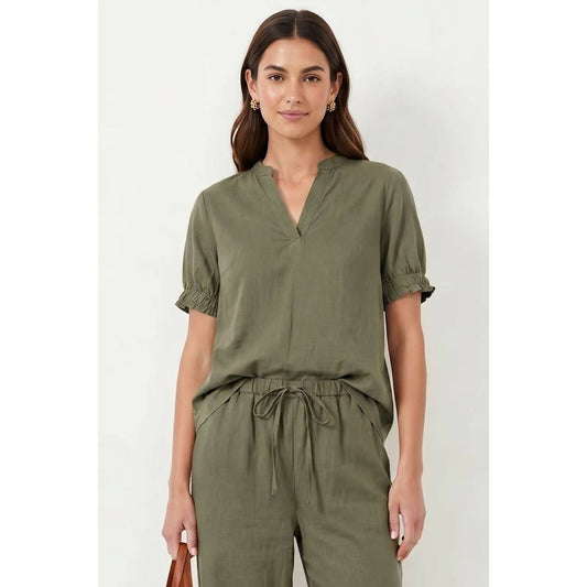 Shirley Short Sleeve Band Detail Blouse: Light olive