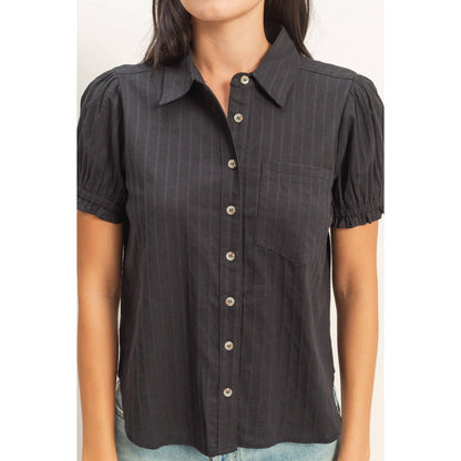 Carmen Button-Up Puff Short Sleeve Shirt: BLACK