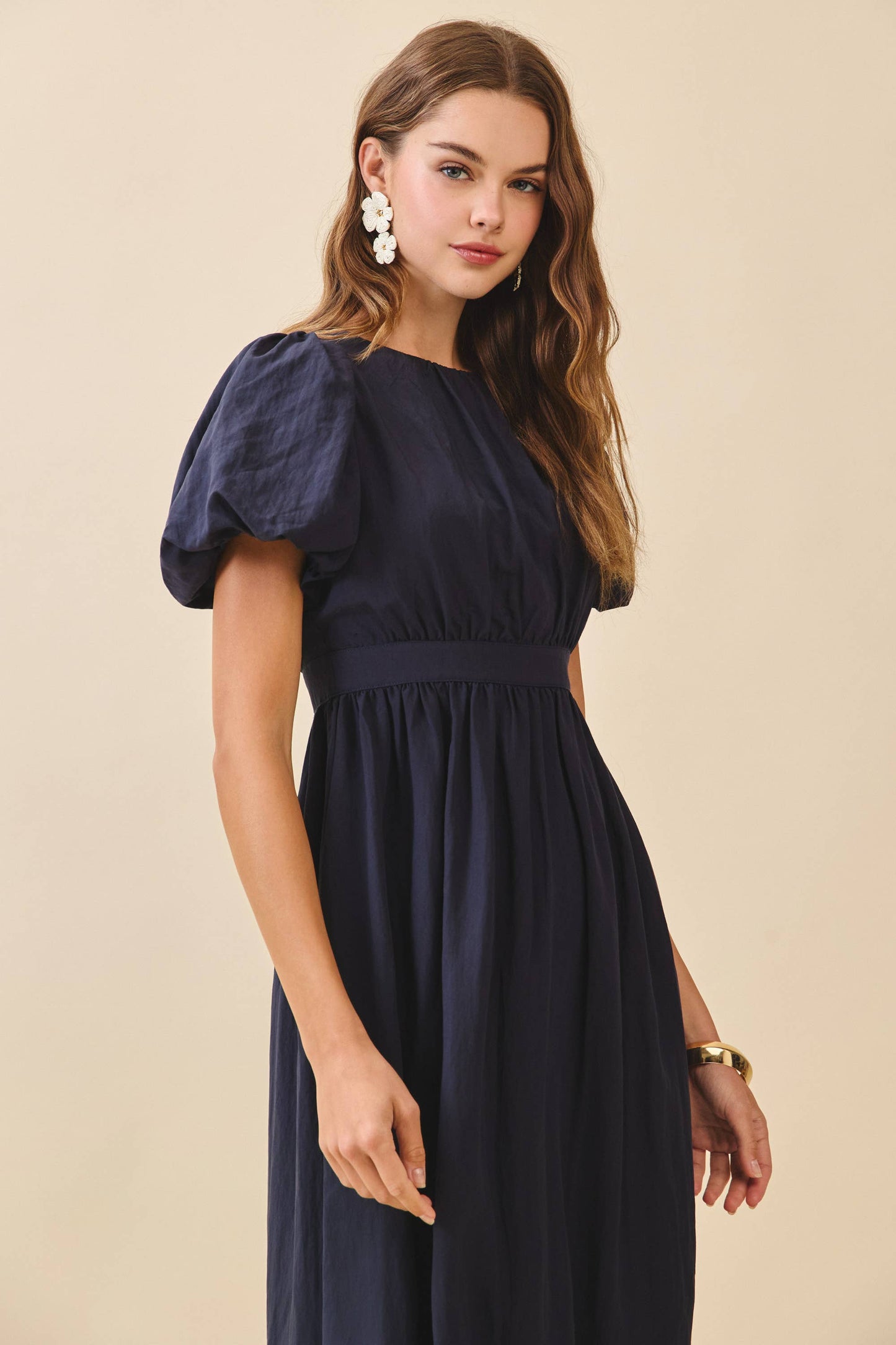 Voluminous Puff Sleeves Gathered Bodice Midi Dress: Navy
