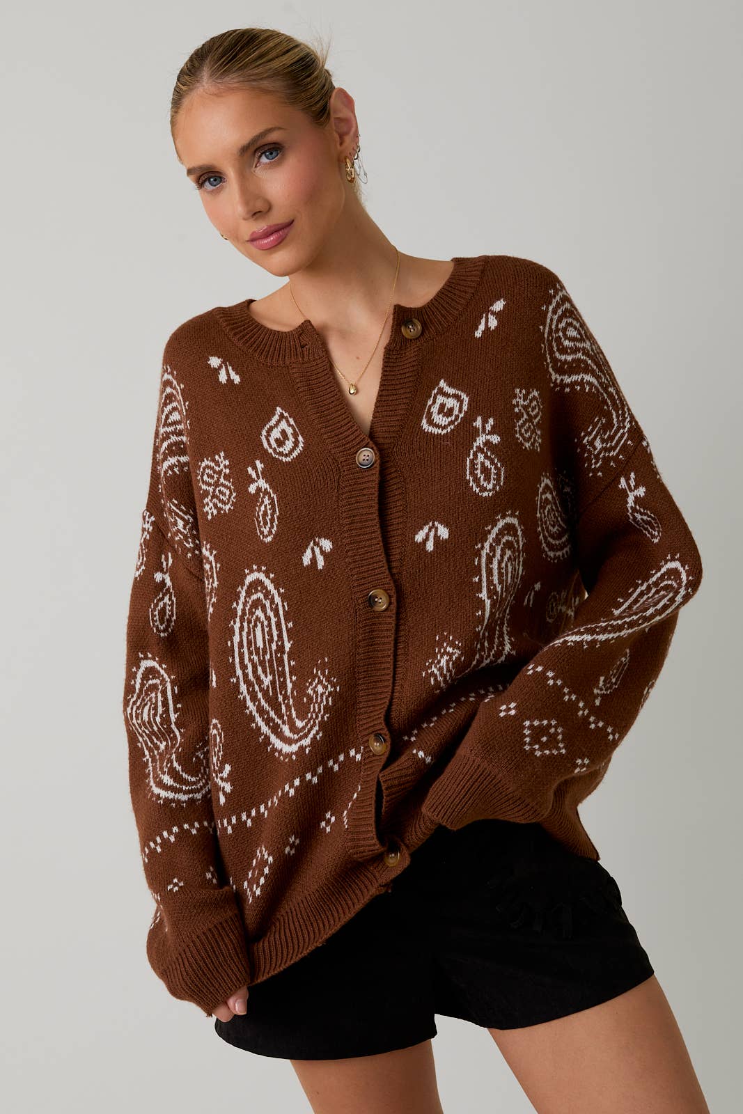 Amber Ling Sleeve Paisley Cardigan: Brown