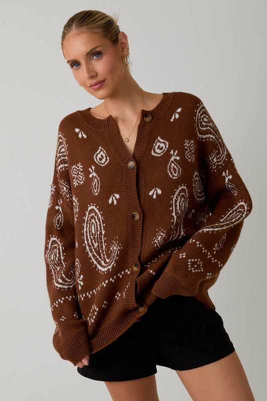 Amber Ling Sleeve Paisley Cardigan: Brown