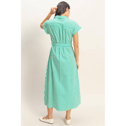 Lucky Striped Poplin Belted Shirt Dress With Pockets: GREEN