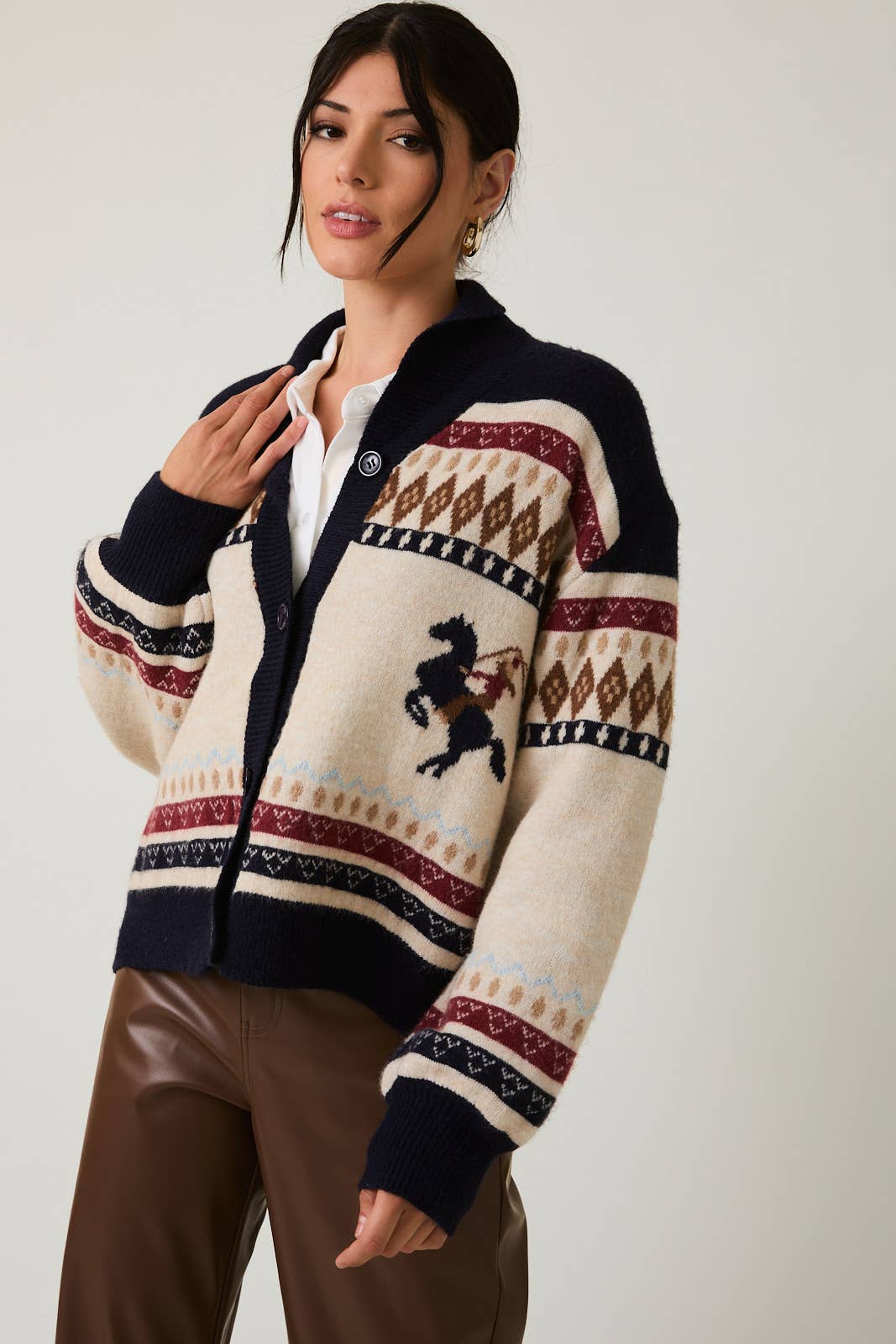 Gallop Horse Motif Button Up Oversized Sweater Cardigan: Cream