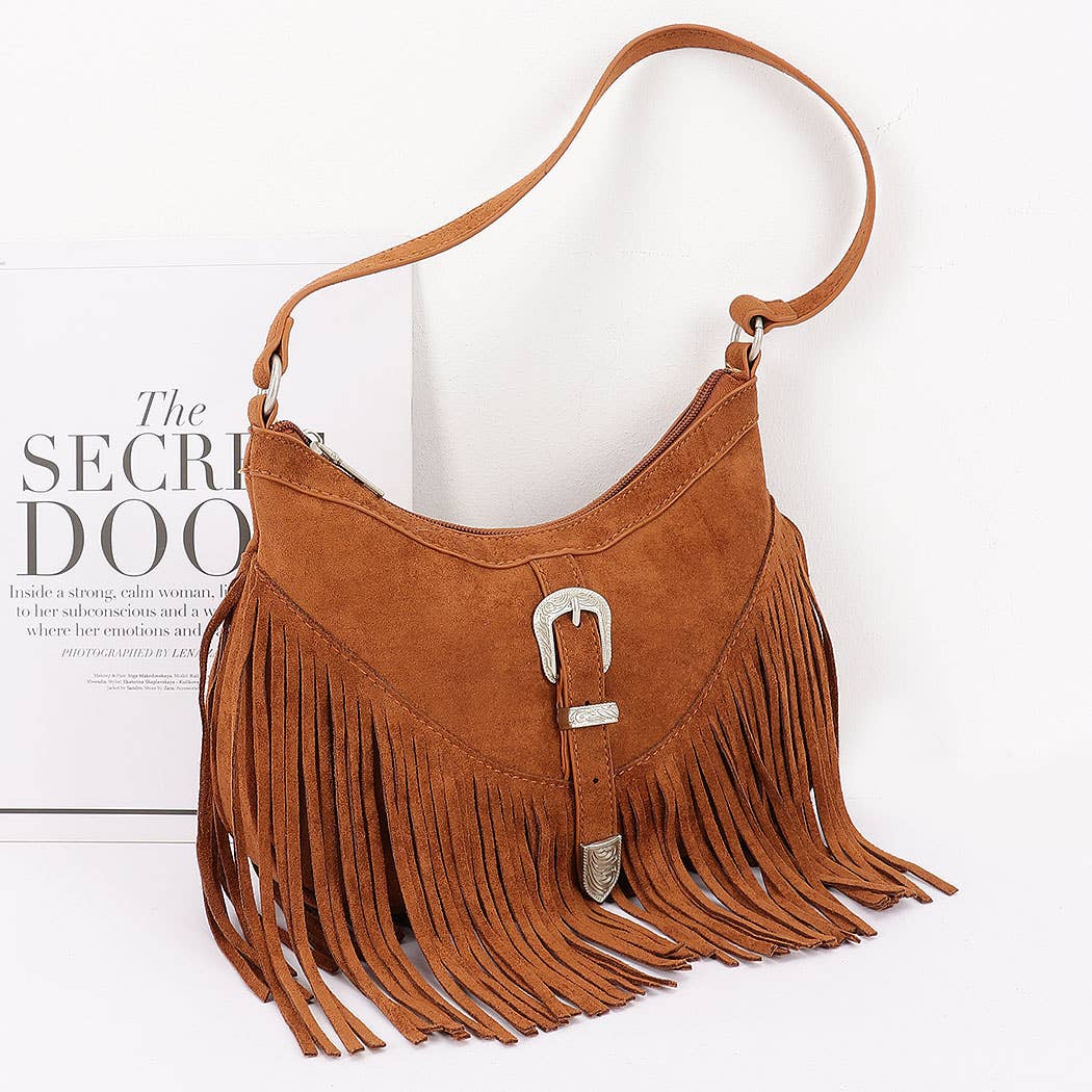 Faux suede Metal Buckle Fringe Bag: BUR