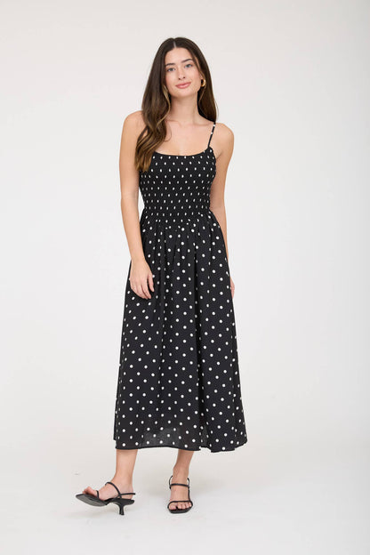 Ethel Polka Dot Smocked Basque Waist Midi Dress: Black