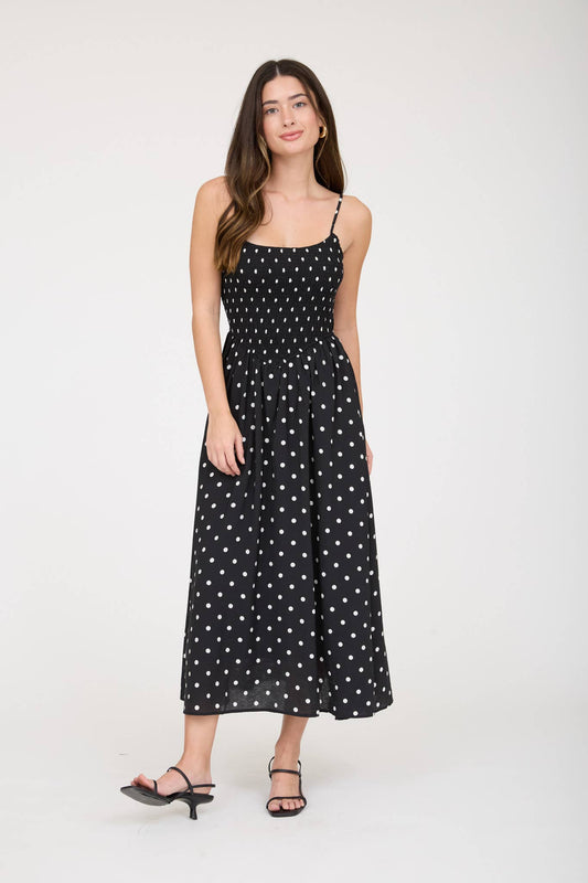 Ethel Polka Dot Smocked Basque Waist Midi Dress: Black