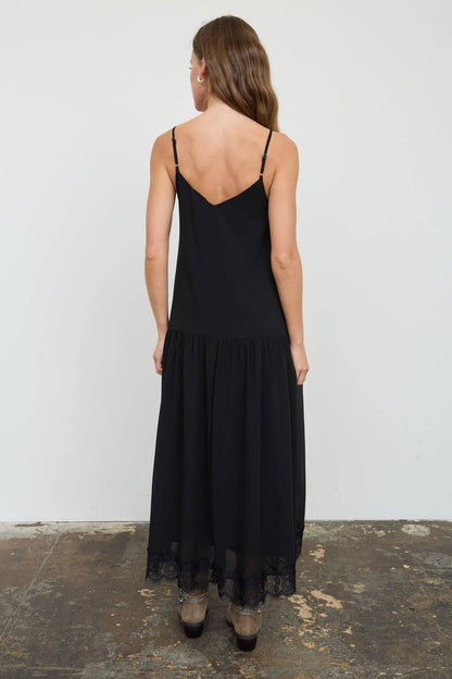 Elise V-Neck Lace-Trim Drop Waist Midi Dress: Black