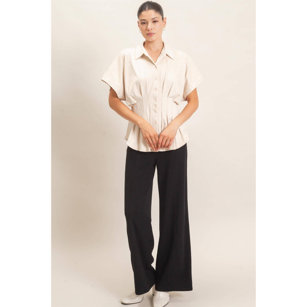 Suede Button-Down Blouse: CAMEL / S-M-L(2-2-2)