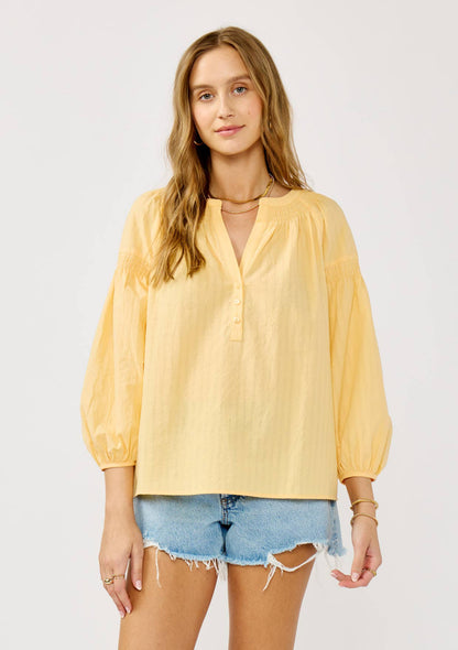 Yellow Jackets 3/4 Sleeve Smocked Henley Blouse: Yellow