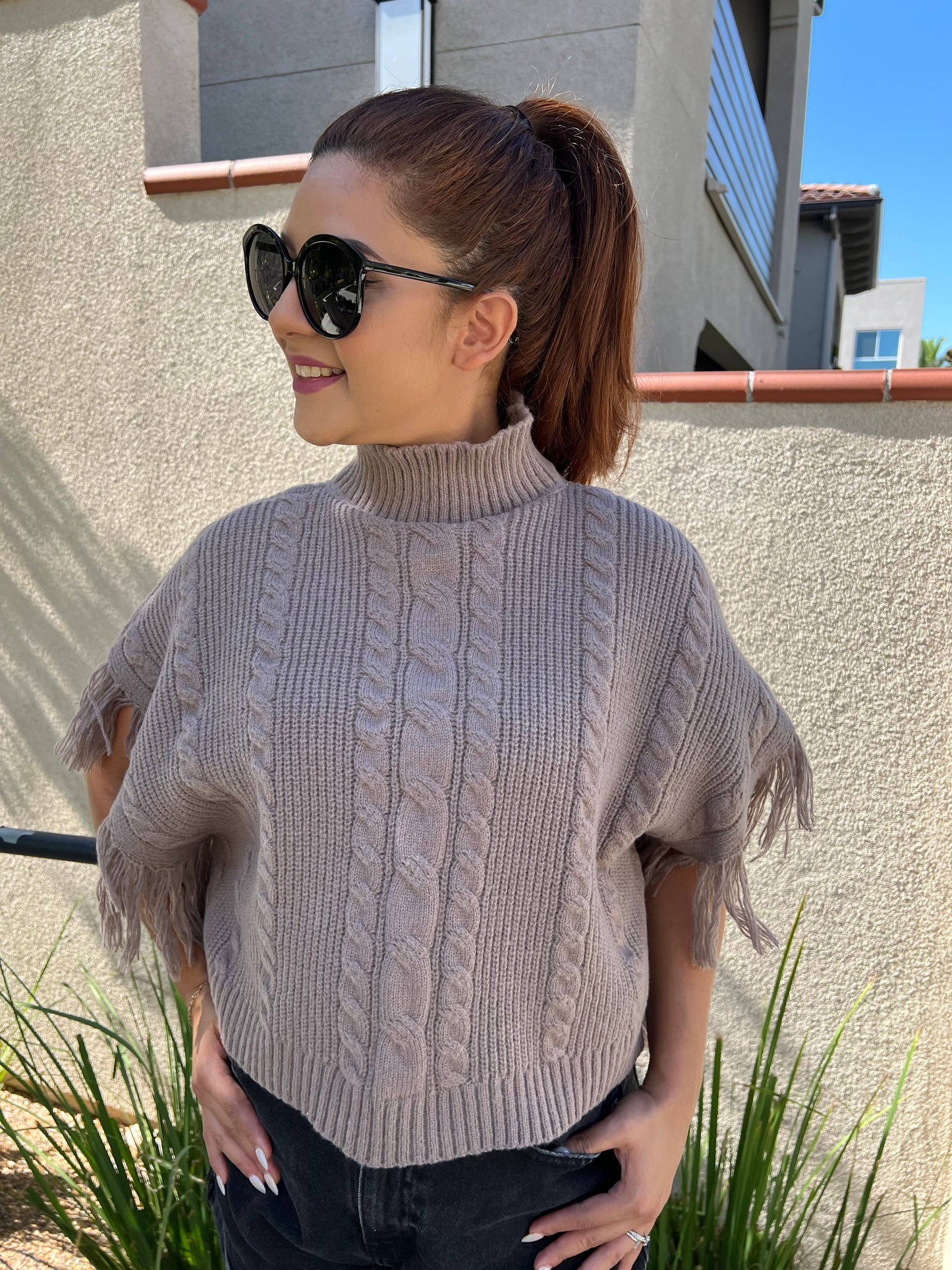 Cider | Turtleneck Poncho with Tassel Trim