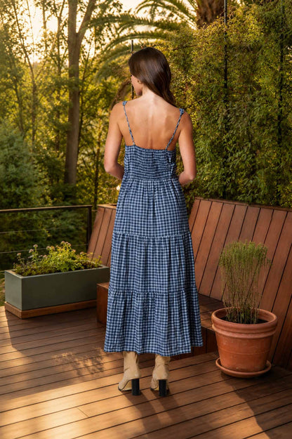 Clara Plaid Scoop Neck Tie-Front Tiered Midi Dress: Navy