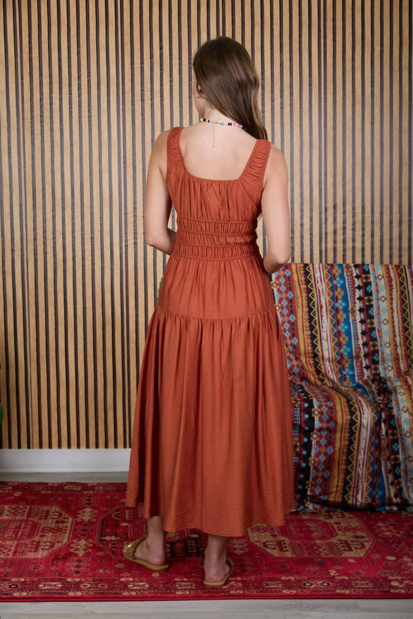 Lenora Satin Front Tie Shirred Waist Midi Dress: Rust
