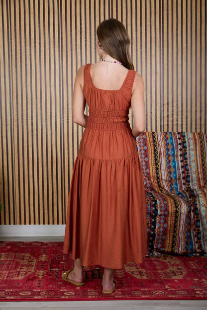 Lenora Satin Front Tie Shirred Waist Midi Dress: Rust