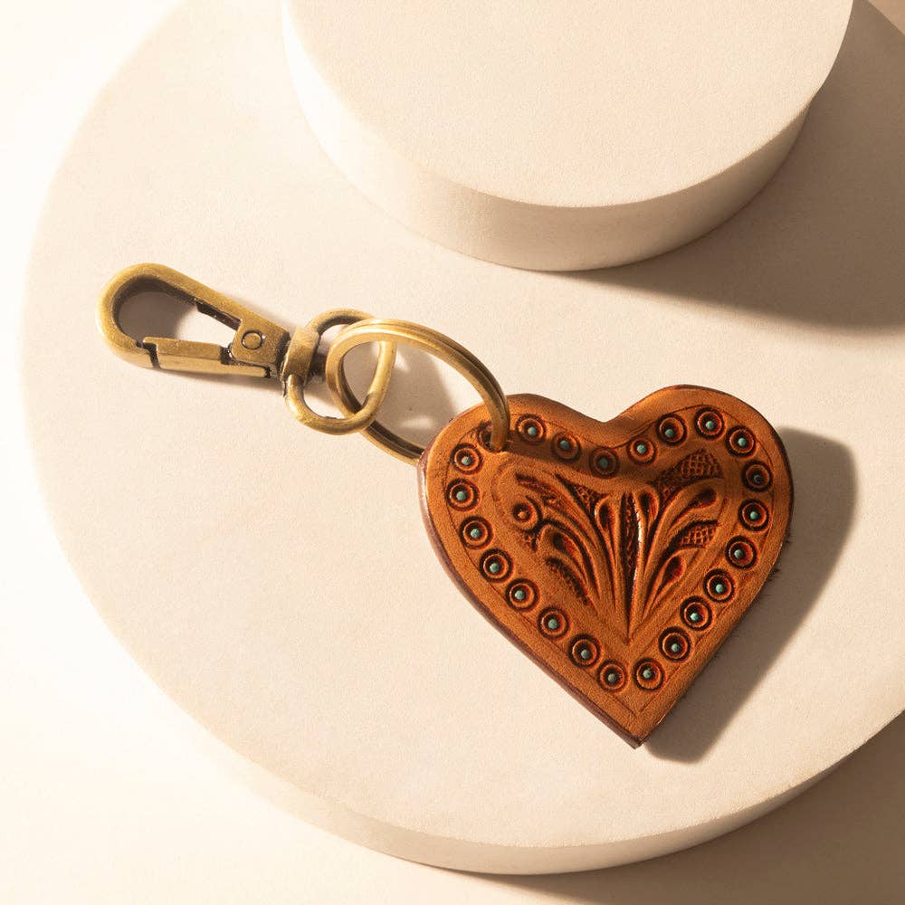 Sweetheart Studded Heart Western Key Fob in brown with handtooled detail: Brown