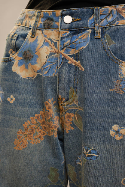 Wildflower Floral Print Wide Leg Jeans: DENIM MULTI