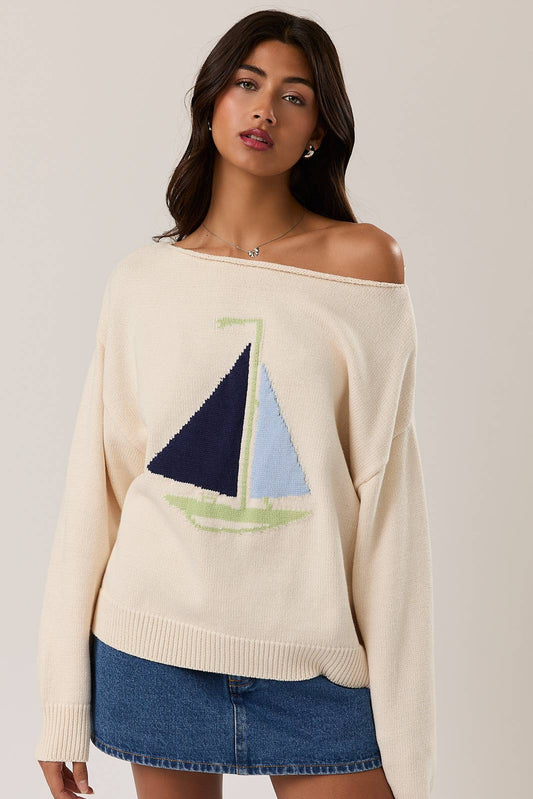 Seaside Boat Neck Sweater Top: Ivory
