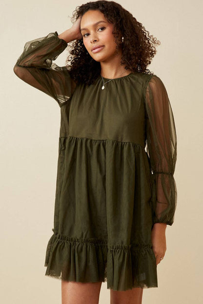 Alpine Womens Cinched Puff Sleeve Tiered Mesh Dress: Olive