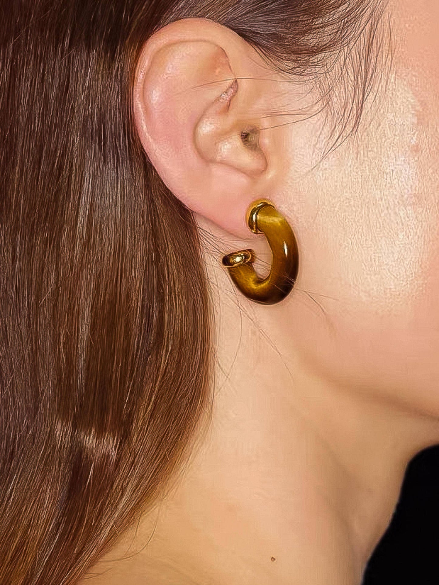 Quinnley 18K Gold Western Natural Stone Hoop Earring: Brown