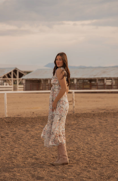Colette Western print Woven long Dress: Floral Blue/Pink