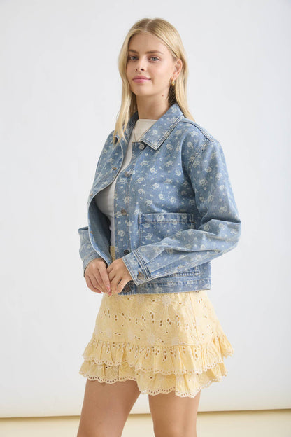 Sweetwater Floral Washed Denim Collared Button Down Jacket: Denim