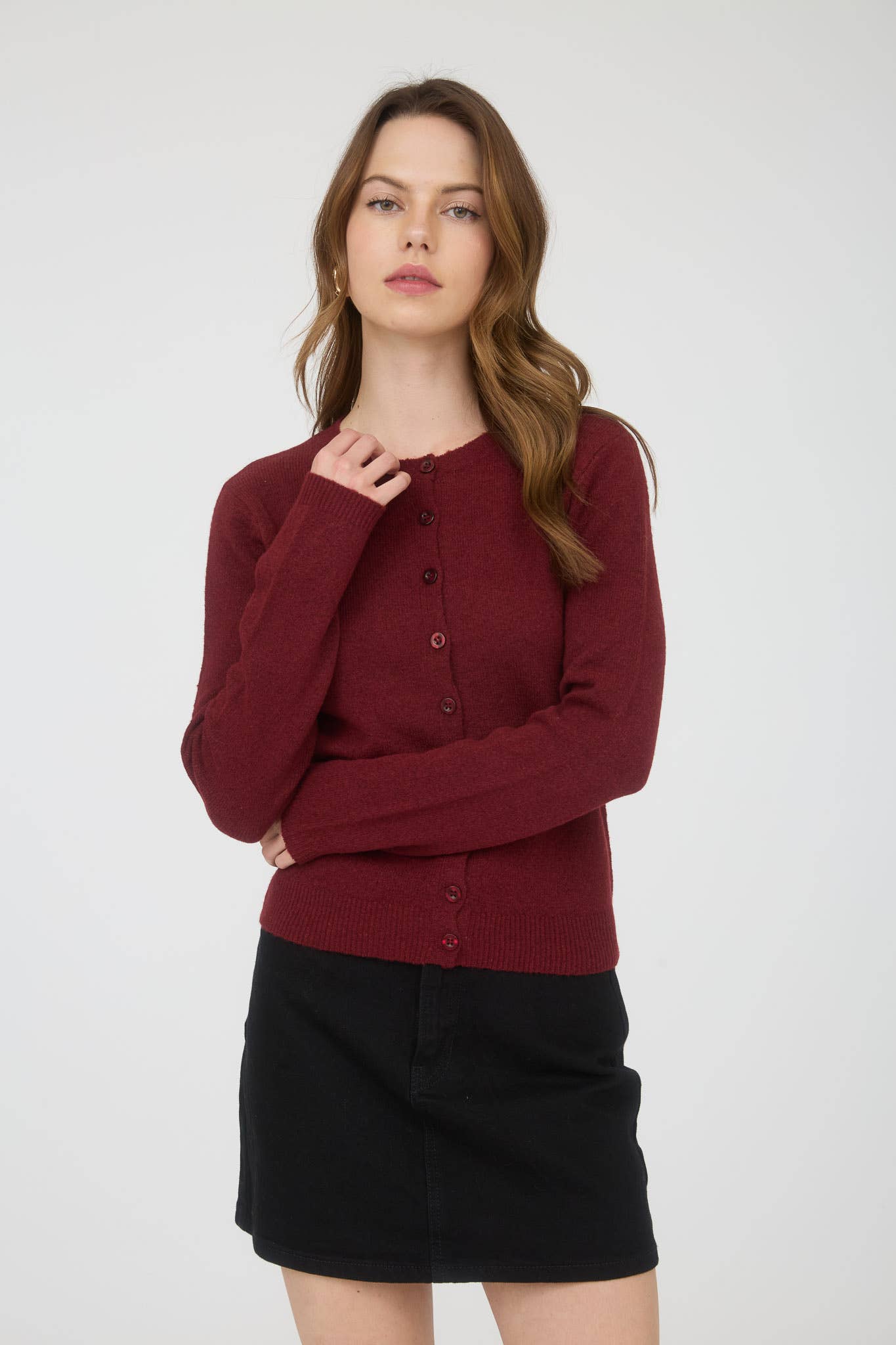 Ruby Round Neck Button Down Long Sleeve Cardigan: Burgundy