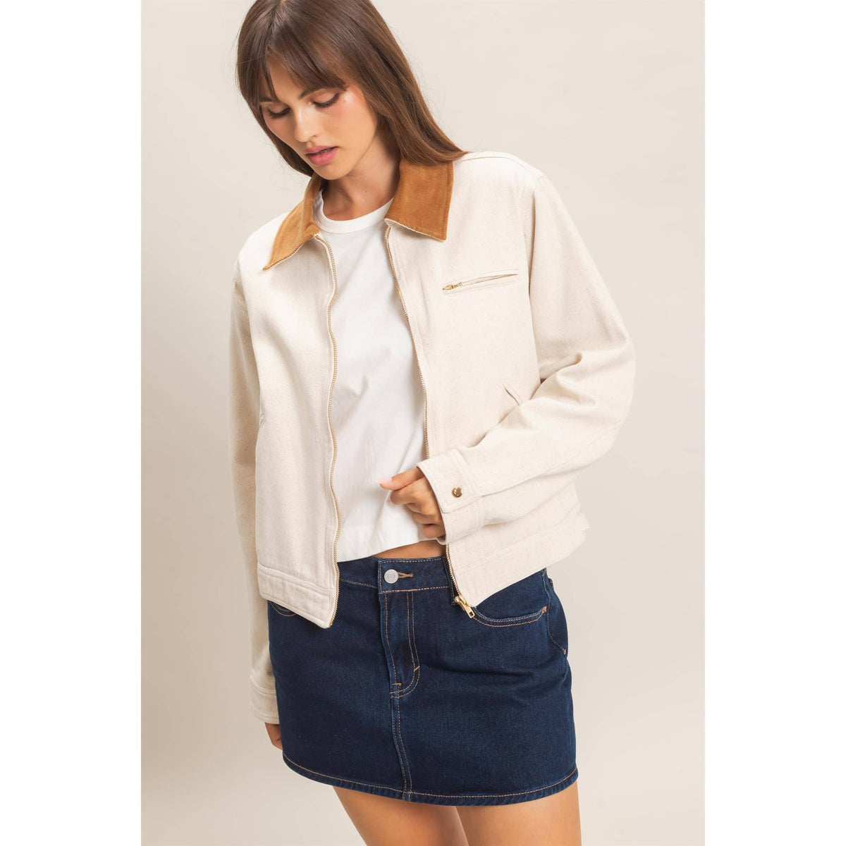 Twill Jacket With Corduroy Collar: DARK TAUPE