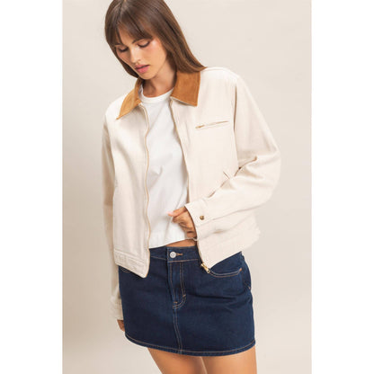 Twill Jacket With Corduroy Collar: DARK TAUPE