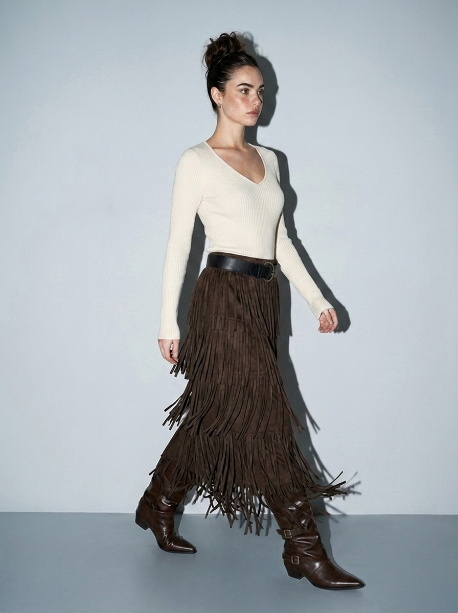 Pleated knit Fringe Layered Skirt with Belt : BROWN / S
