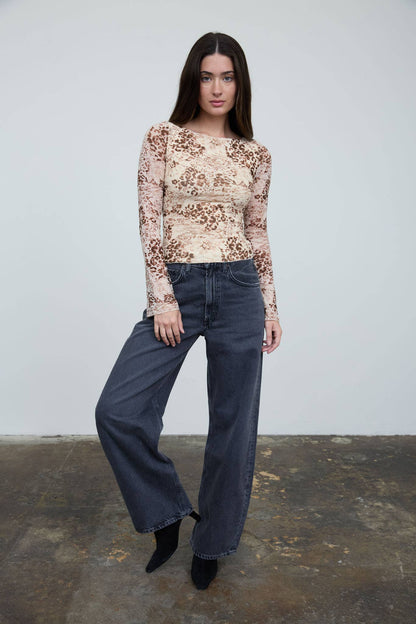 FLORAL LEOPARD PRINT LONG SLEEVE KNIT TOP: TAUPE MULTI
