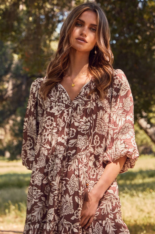 Noa Boho Printed Baby Doll Mini Dress: Mocha Wave