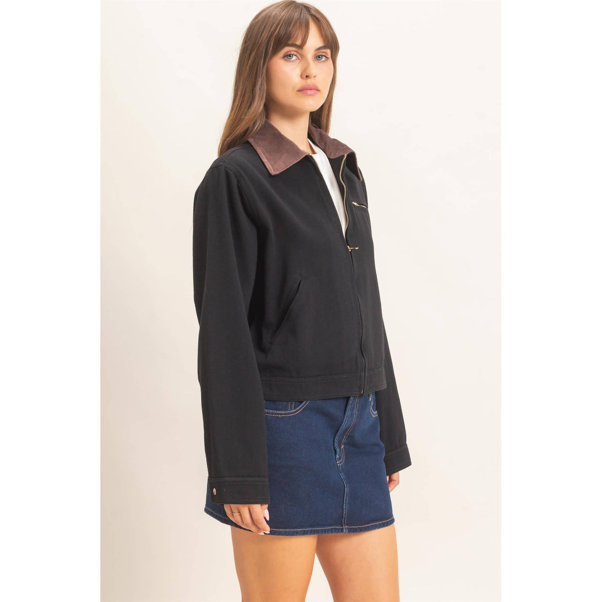 Twill Jacket With Corduroy Collar: DARK TAUPE