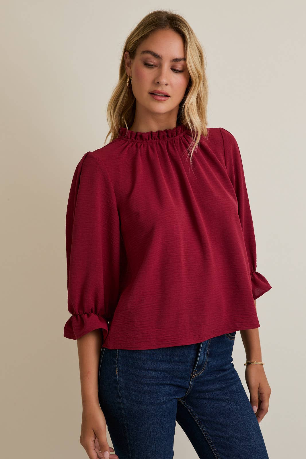 Merlot Ruffle Mick Neck 3/4 Sleeve Top: Red