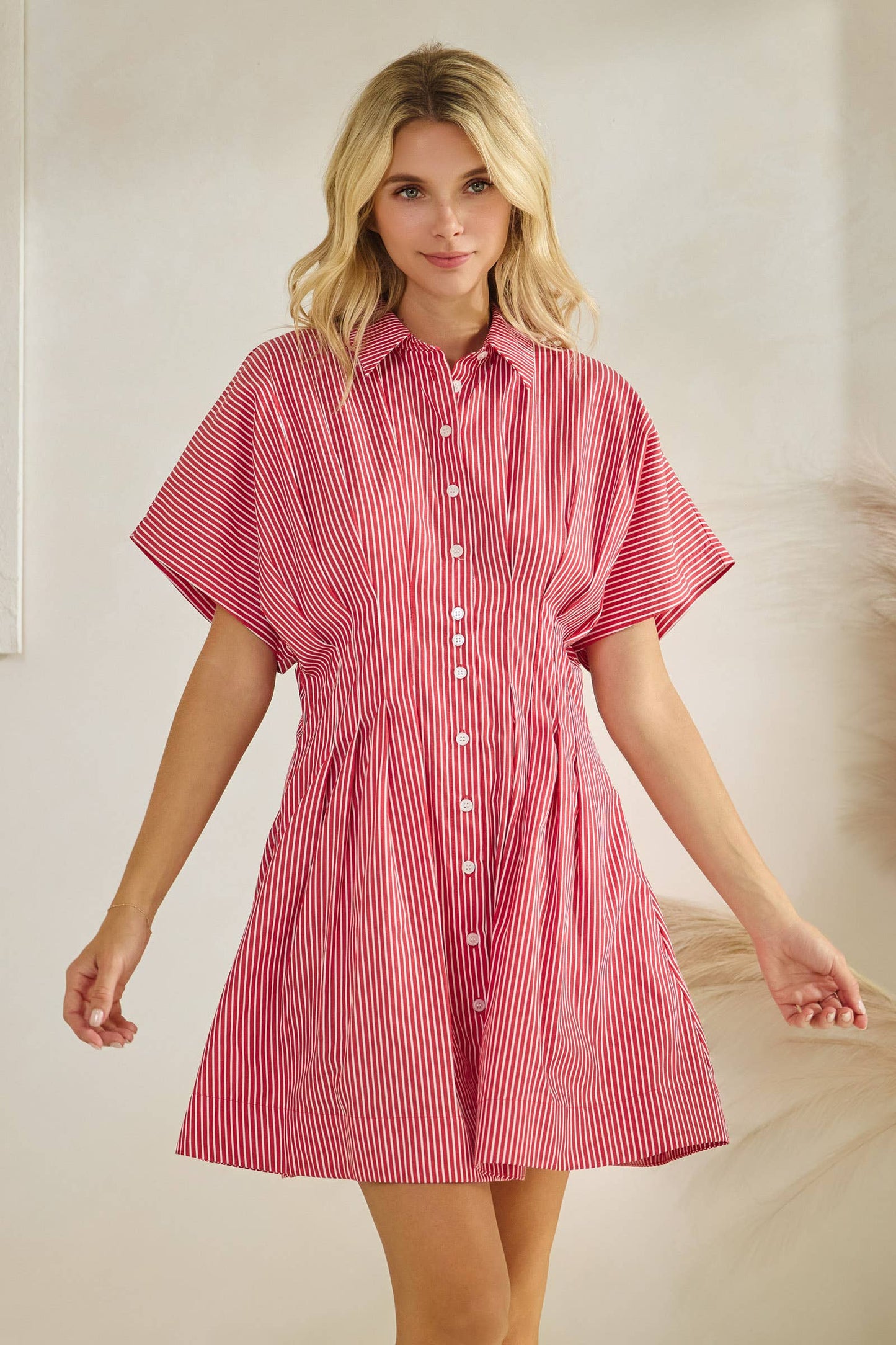 Harlow Button Down Pleated Shirt Stripe Dress: Red Stripe