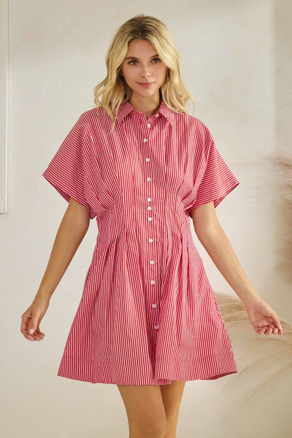 Harlow Button Down Pleated Shirt Stripe Dress: Red Stripe