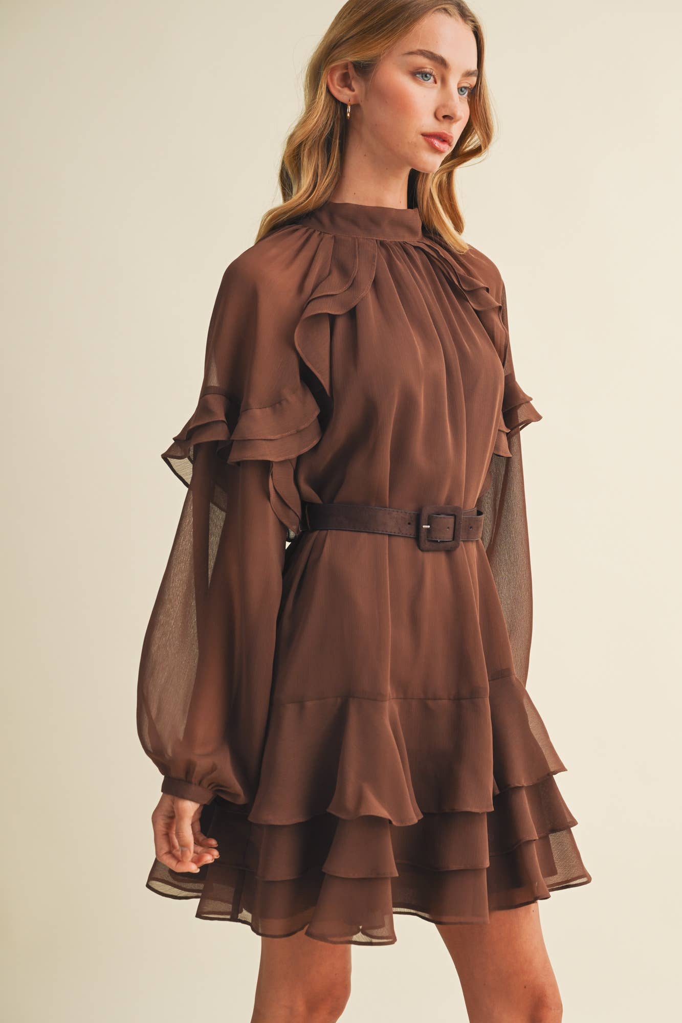 Bishop Mock-Neck Tiered Dress: Dark Mocha Brown
