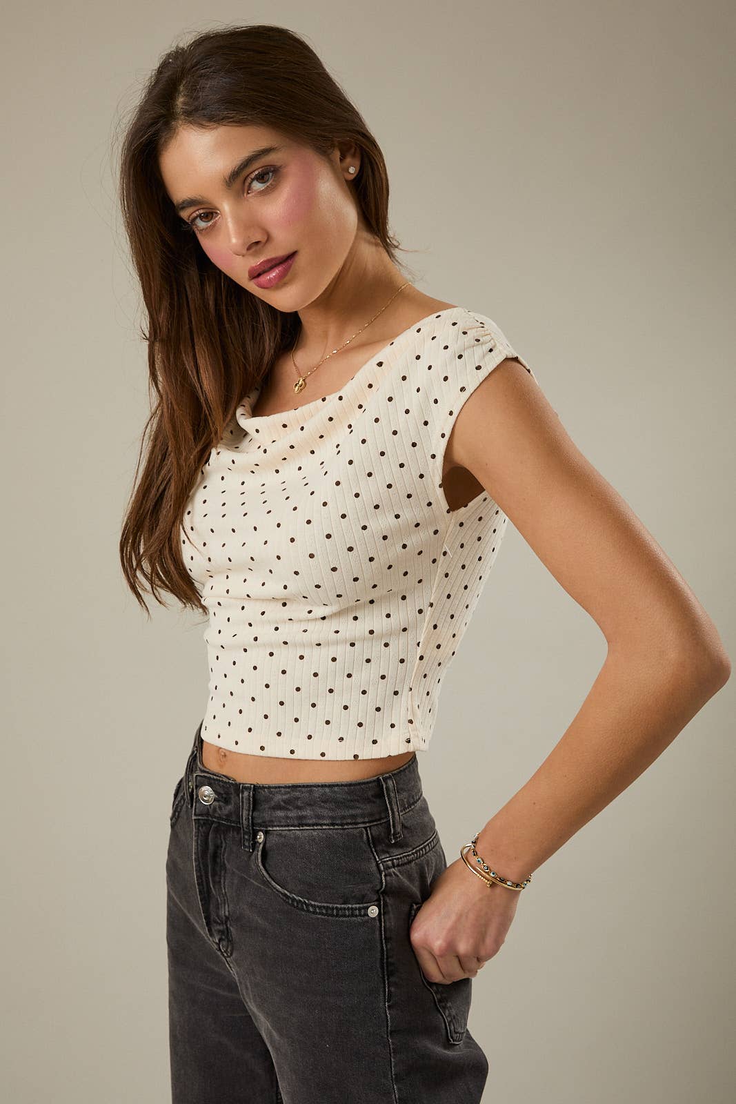 Raina Slouchy Shoulder Sleeveless Polka Dot Top: Cream Brown
