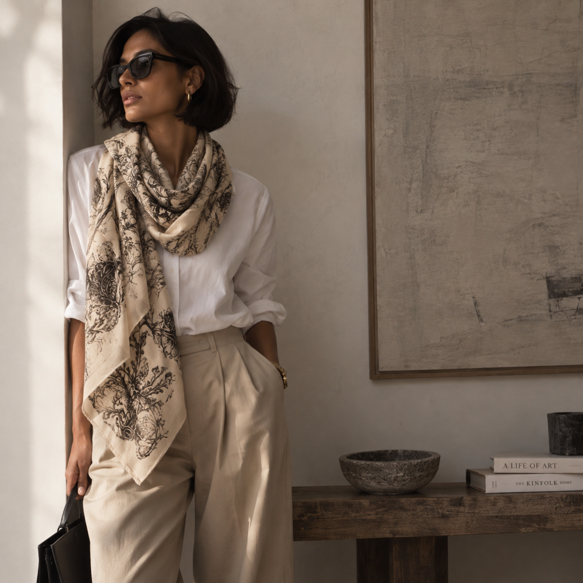 Ellison+Young Cozy Botanical Oversized Square Scarf: Ivory