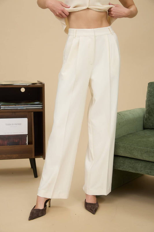 Eden High Waist Pleated Wide Leg Pants: Ivory