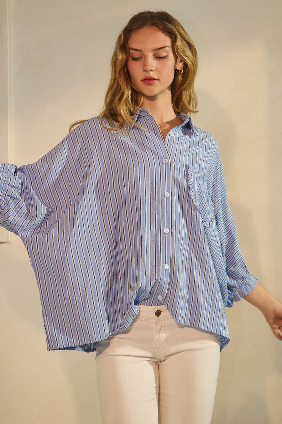 Bay Striped Button Down Oversized Shirts: Denim Blue Stripe