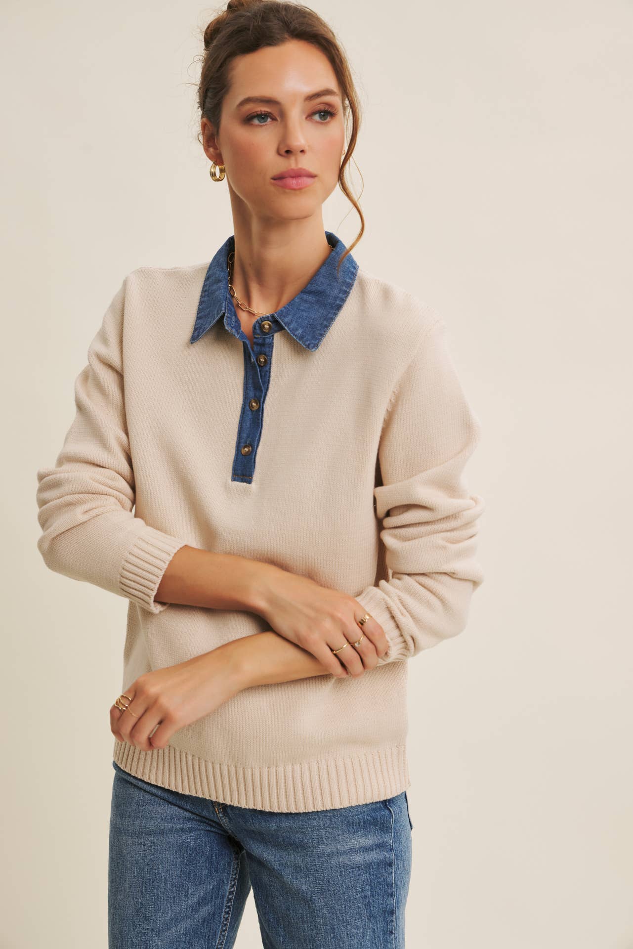 Classic Yet Endlessly Wearable Henley Sweater Top: Ecrus