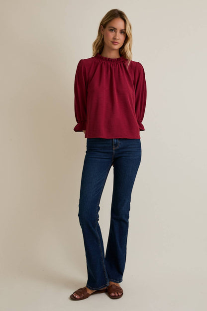 Merlot Ruffle Mick Neck 3/4 Sleeve Top: Red