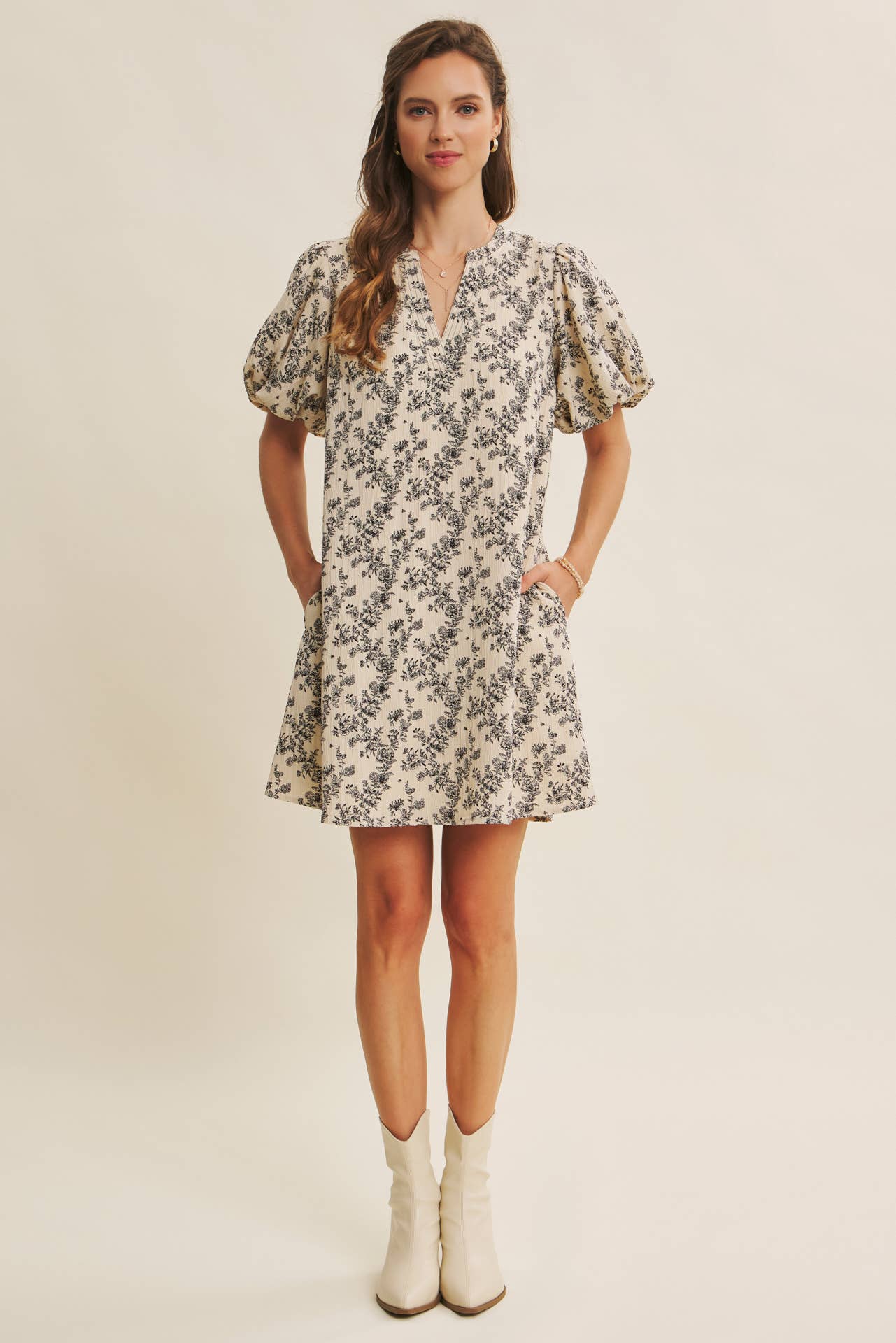 Patsy Textured Floral Mini A-Line Dress with Bubble Sleeves: Vanilla