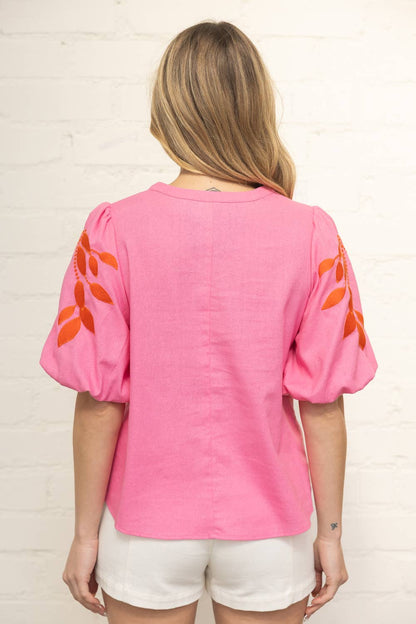 Posie Floral Embroidered Bubble Sleeve V-Neck Top: Pink