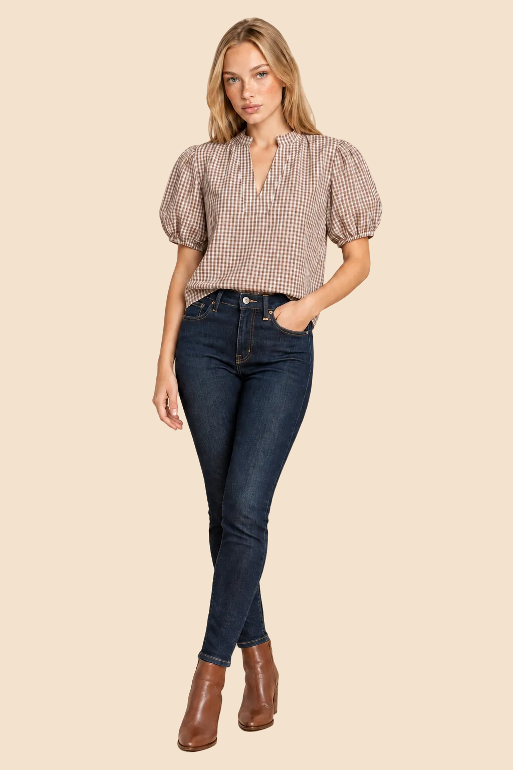 Millie Gingham Split-Neck Puff Sleeve Blouse: Cream & Caramel