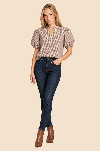 Millie Gingham Split-Neck Puff Sleeve Blouse: Cream & Caramel