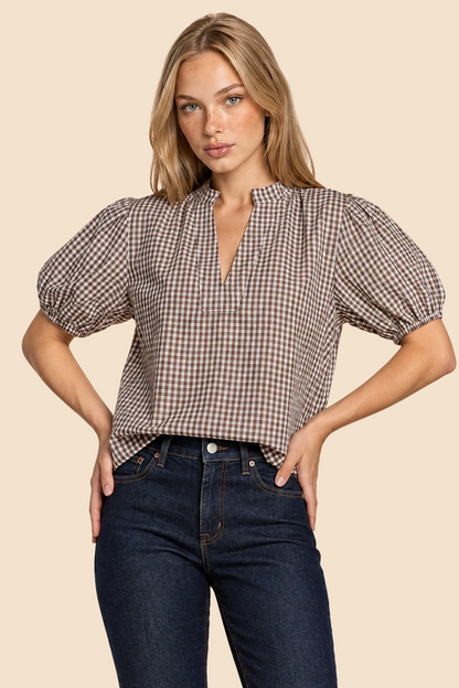Millie Gingham Split-Neck Puff Sleeve Blouse: Cream & Caramel